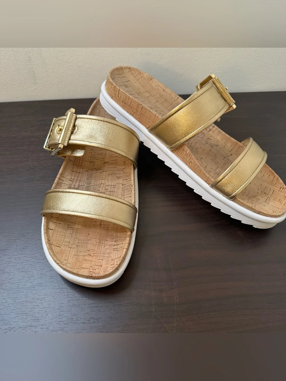 Michael Kors Colby Gold Leather Slide Sandals Buckle Cork Footbed Women's 11